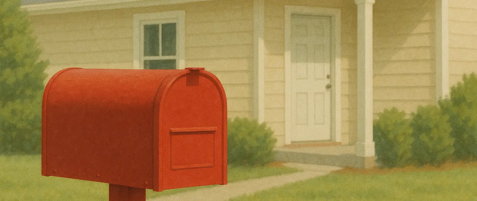 A red mailbox in front of a lawn