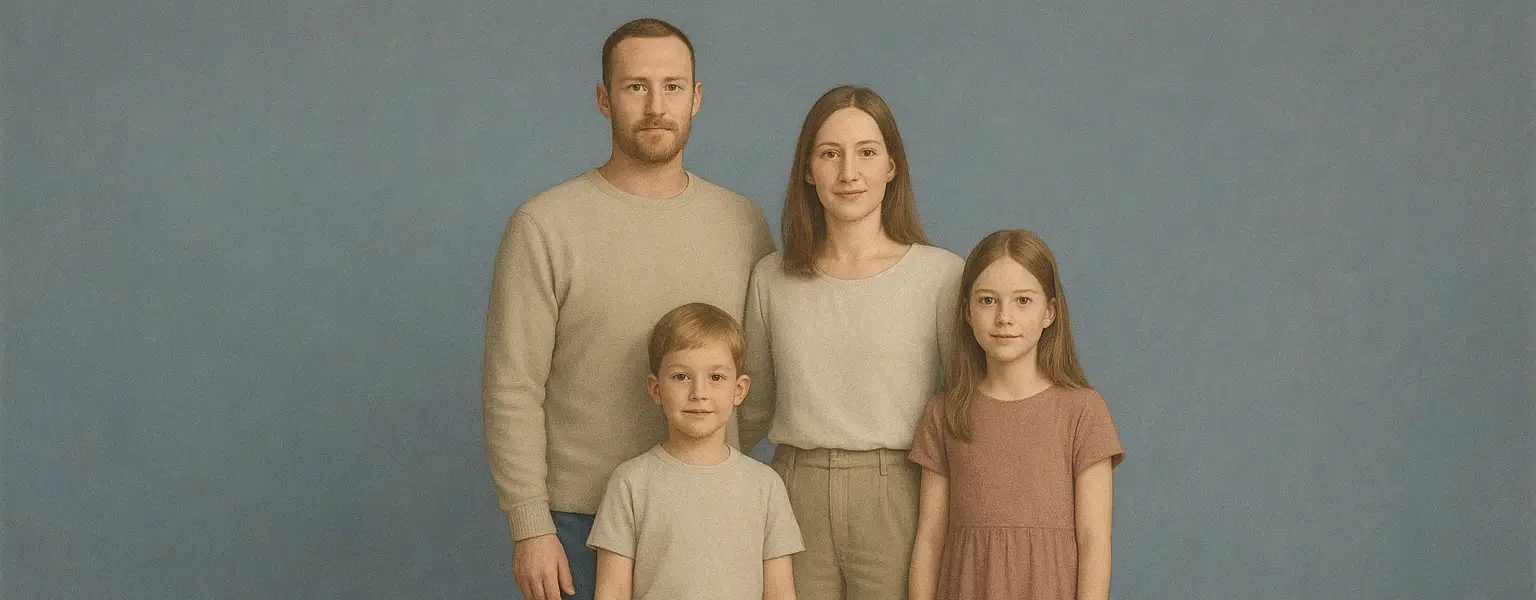 A family photo showing a mother, father, and two children.