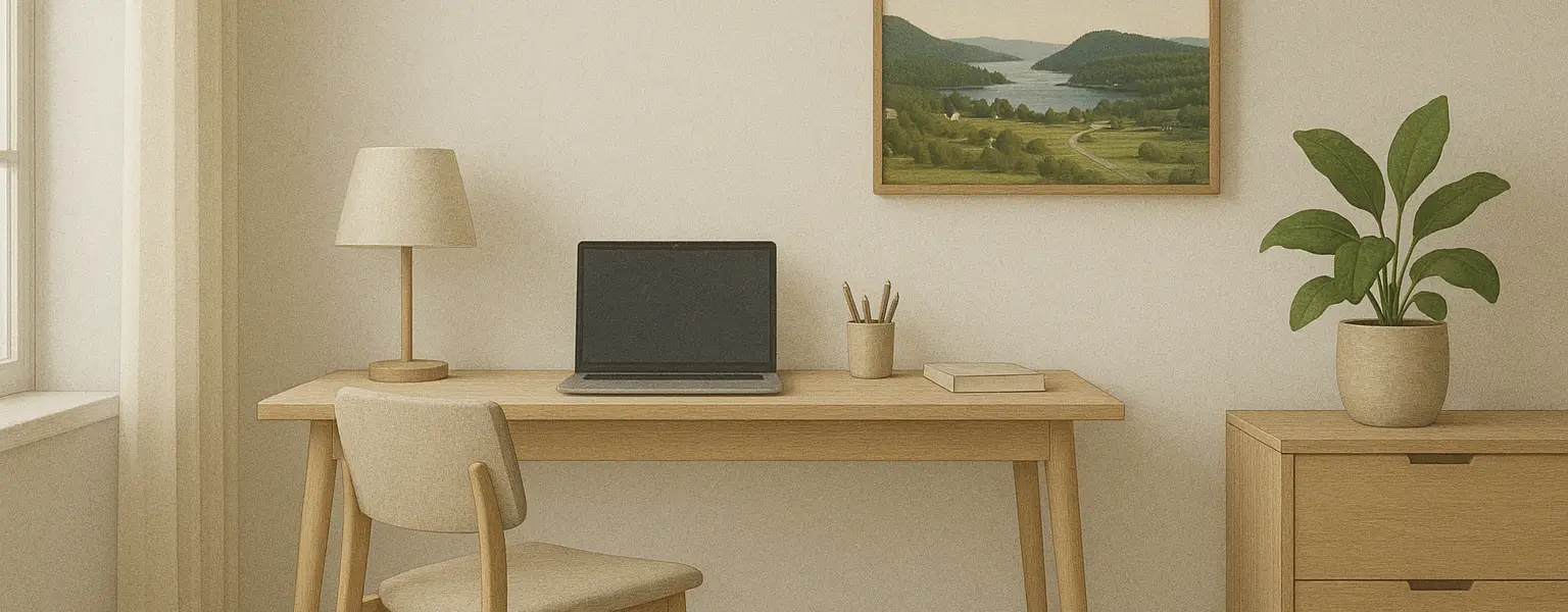 A home office corner with a desk, chair, and computer