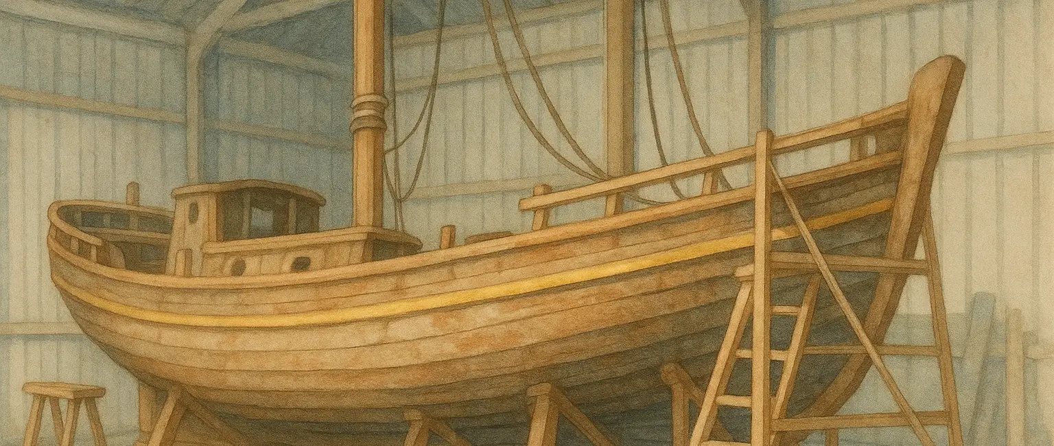 A classic wooden boat in a workshop