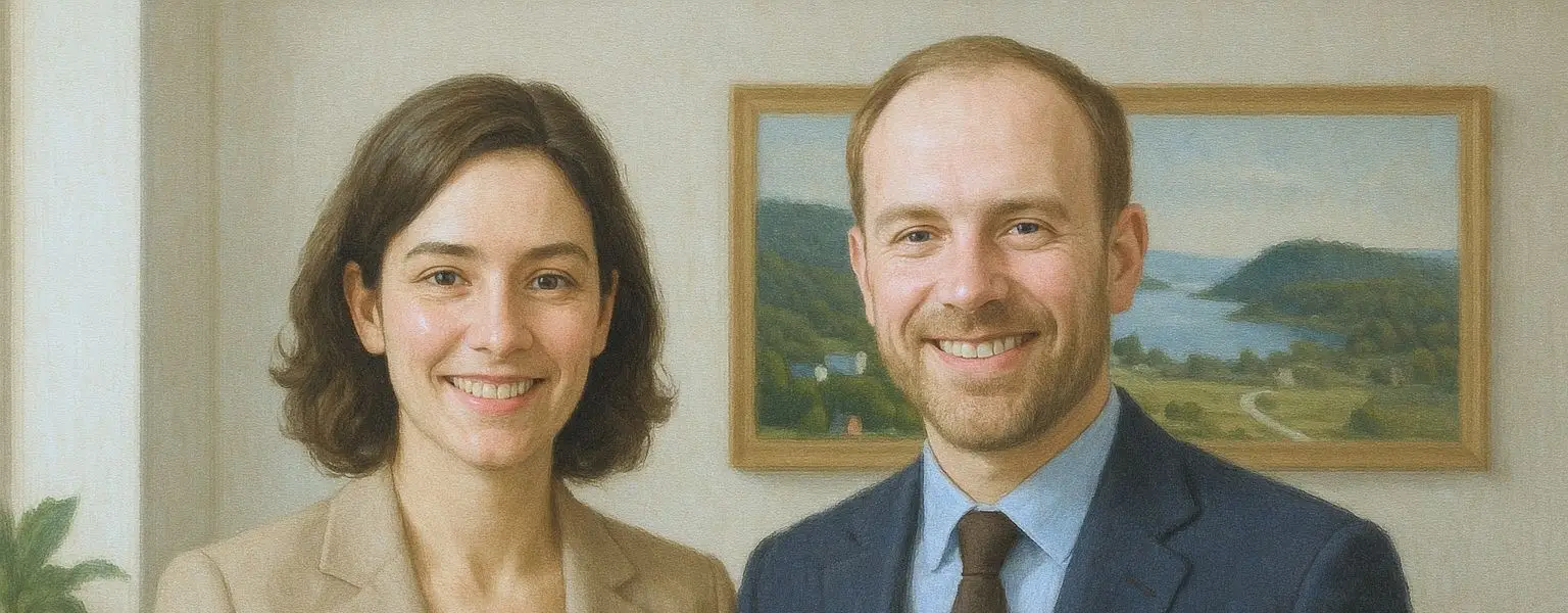A man and a woman side by side in an office environment