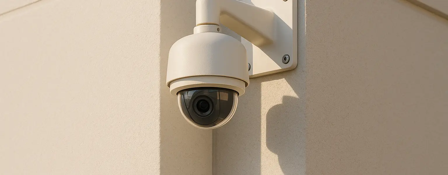 A security camera mounted on a building corner