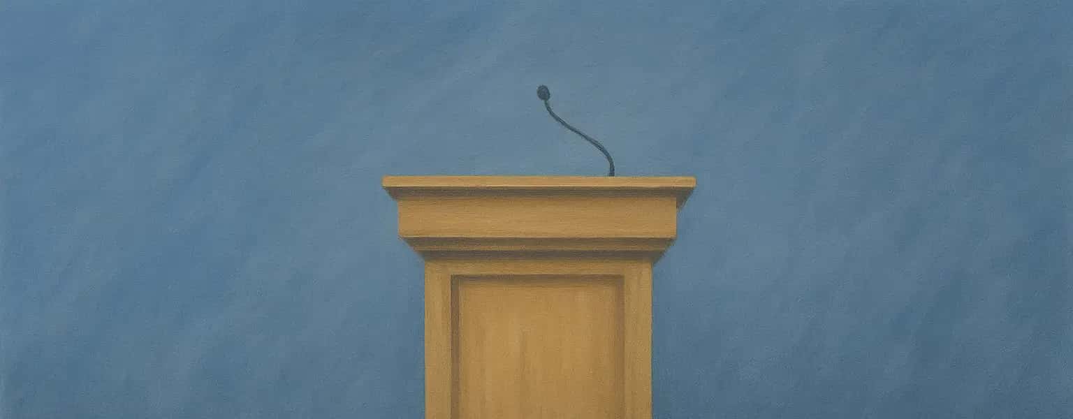 A debate stand in front of blue backdrop.